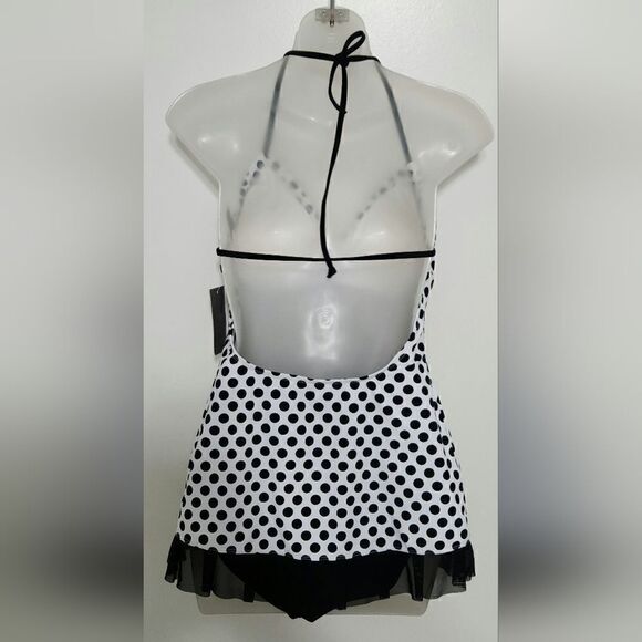 Kenneth Cole Reaction 1PC Swim Black & White Dots Ruffle Hem Women's Size Large - Picture 4 of 6